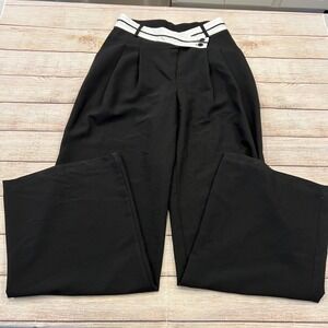 NIA Black Wide‎ Leg Palazzo Pants High Waist Pleated Button Detail Size S